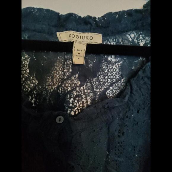 Kosiuko Ladies Blue Lace 3/4 Sleeve Jacket Cover Up Shirt Button Down Tie Medium - Picture 2 of 4